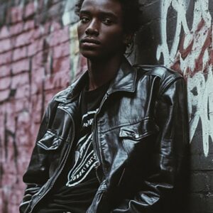 Black leather jacket worn open over a printed shirt in an outdoor graffiti setting.